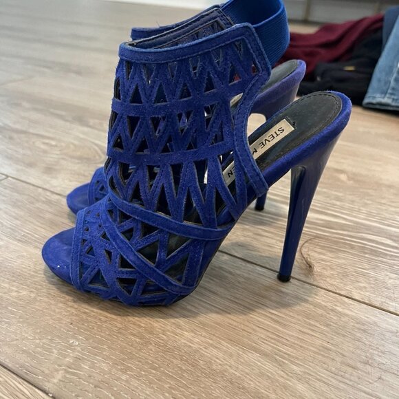 STEVE MADDEN Bratt Cut Out Suede Stilettos 6 Cobalt Blue 5.5" Heel Slingback - Picture 7 of 8
